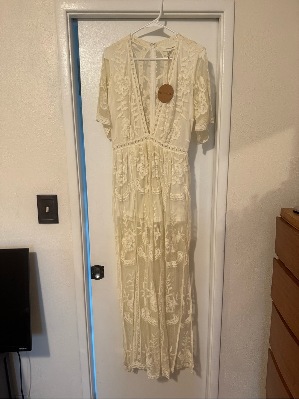 Honey Punch Cream Lace Maxi Dress with Deep V and built-in Romper